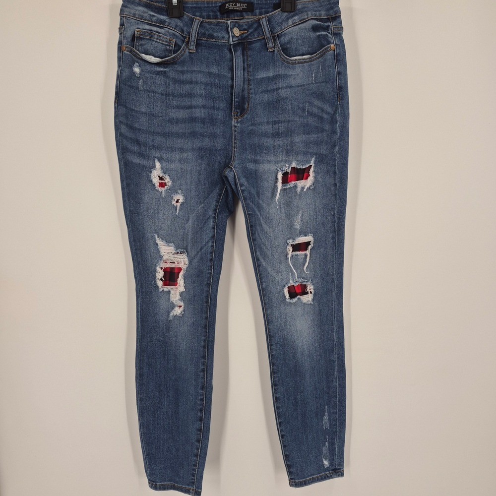 Judy Blue Skinny Fit Distressed Plaid Patch Jeans Medium Wash Size 13/31